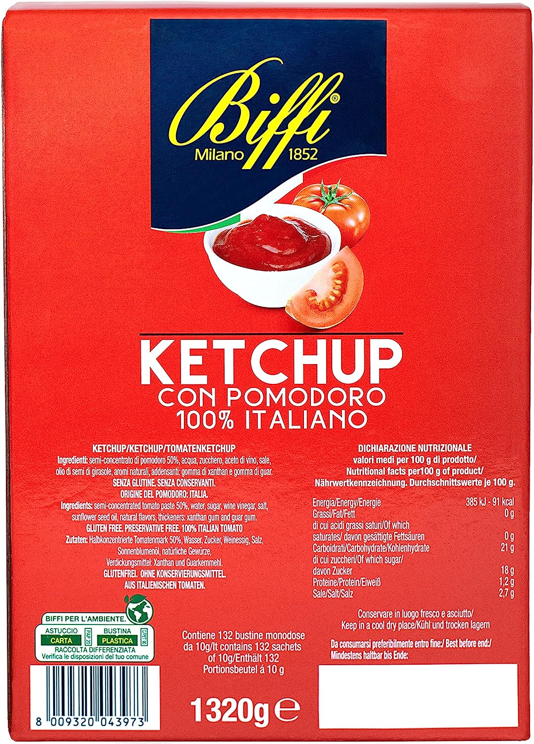 Biffi Ketchup con pomodoro 100% Italiano monodose 132 bustine monoporzione da 10 g