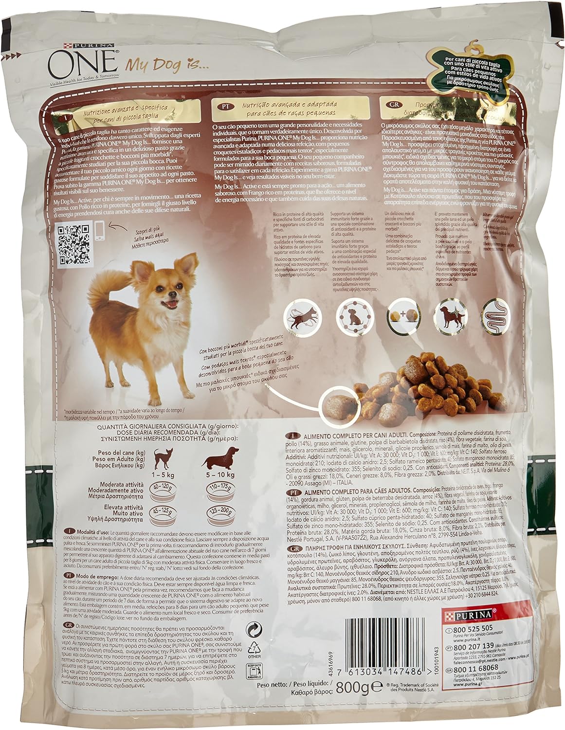 Purina One Mini <10kg Active Crocchette per Cani con Pollo e Riso 800 g