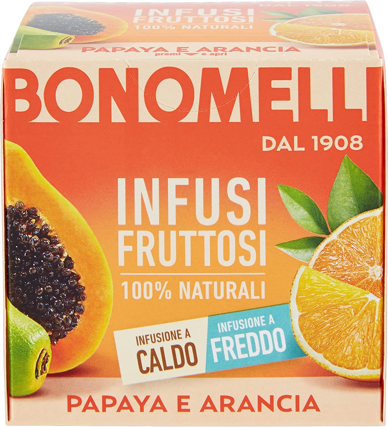 Bonomelli Infusi Fruttosi, Papaya e Arancia, Confezione da 12 Filtri, Gusto Esotico e Fresco, Infusione a Caldo e a Freddo, Ingredienti 100% Naturali