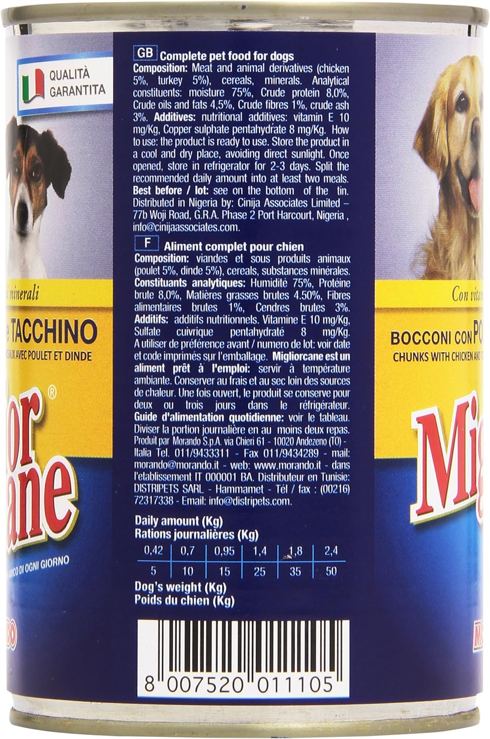 Migliorcane - Alimento Completo per Cani, Bocconi con Pollo e Tacchino - 12 latte da 405 g [4860 g]