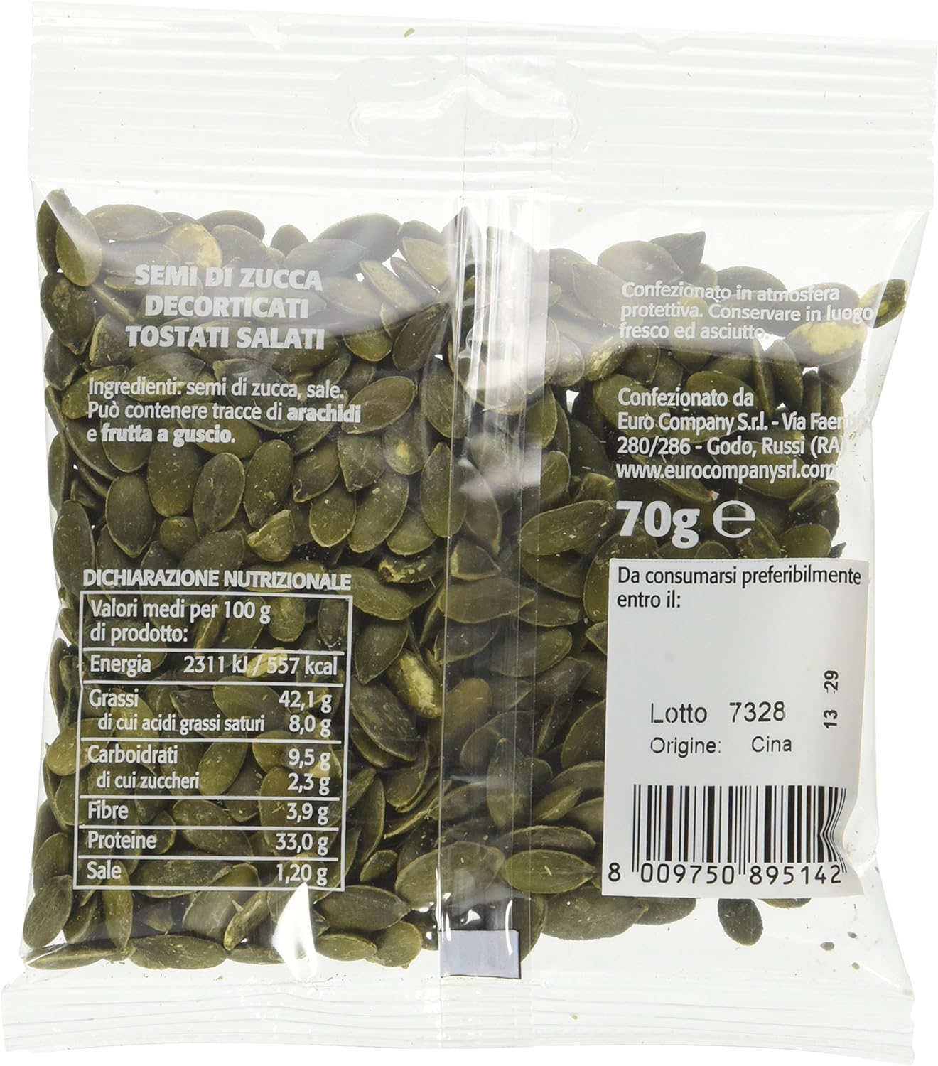 EuroCompany Semi di Zucca Decorticati Tostati e Salati - 70 gr - [confezione da 14]