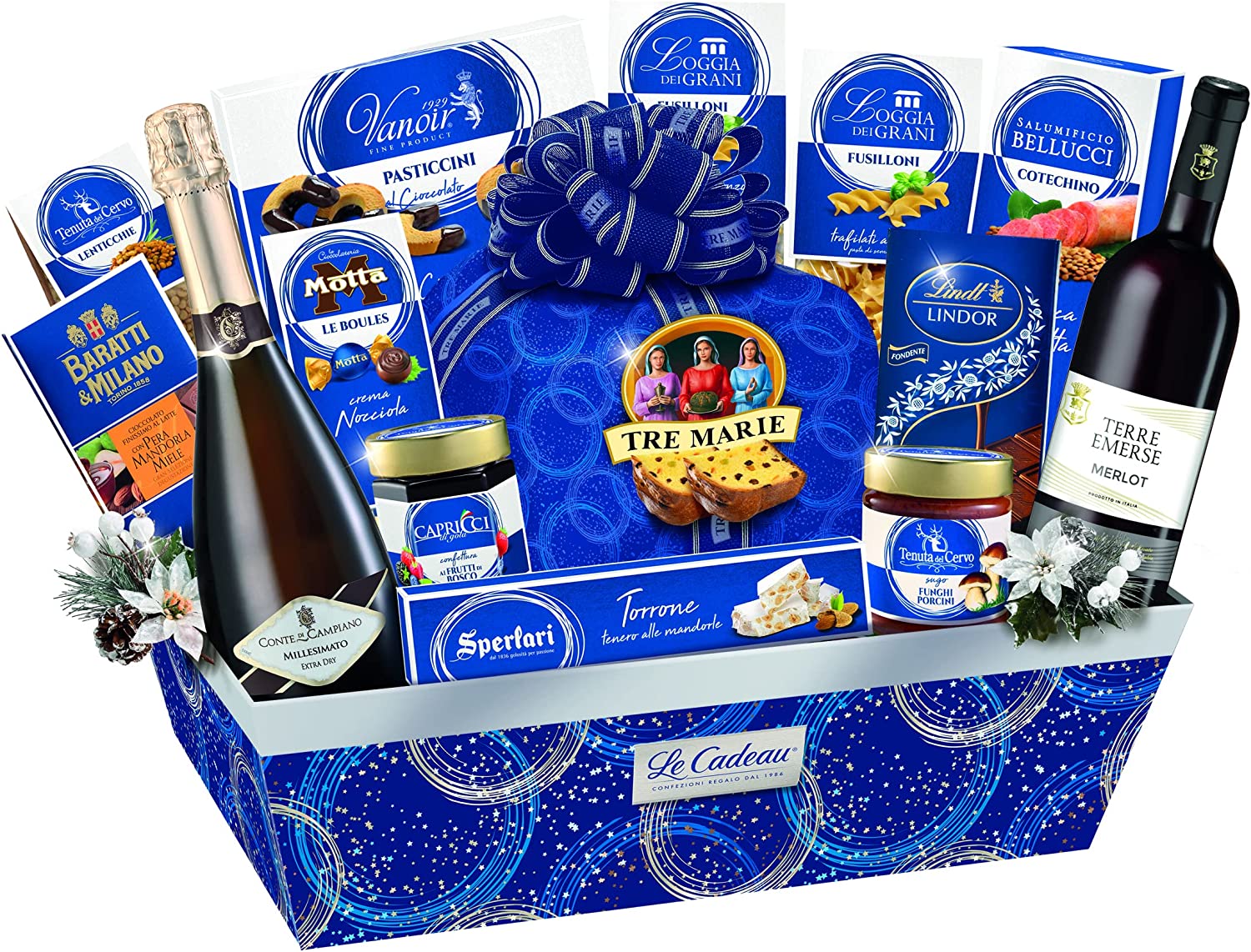 LE CADEAU | Confezione Regalo "Portofino", Cesto Alimentare Natalizio, Vassoio 14pz Composto Da Panettone Tre Marie, Spumante, Cioccolato, Torrone Sperlari, Confettura e Tanto Altro, Idea Regalo