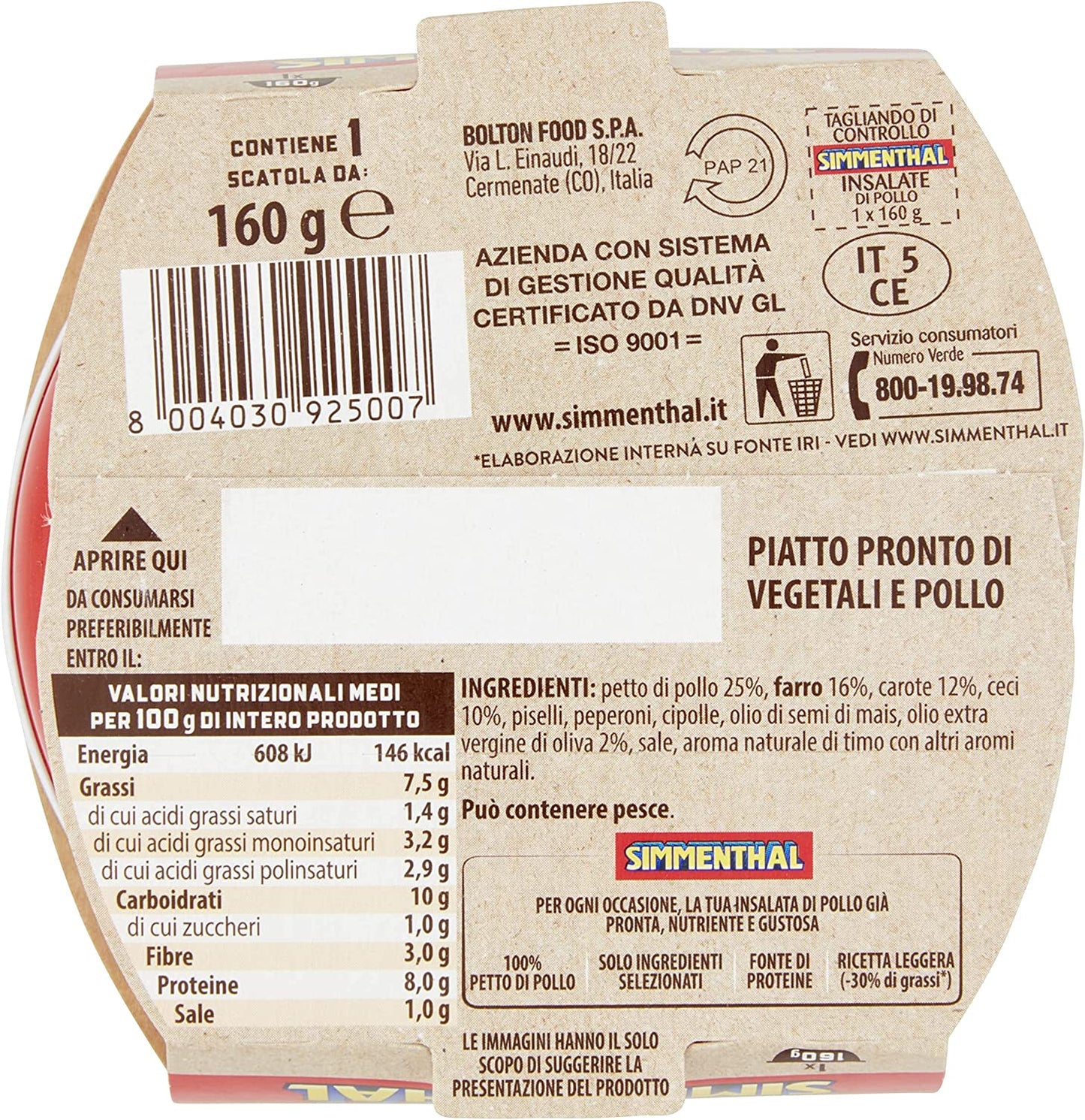 Simmenthal Ortolana, Insalata di Petto di Pollo con Farro, Ceci, Carote e Piselli, 1 Lattina da 160 gr