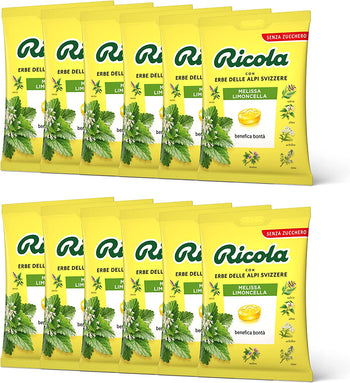 Ricola - Box da 12 Buste di Caramelle Svizzere alle Erbe Ricola Gusto Melissa Limoncella da 70 g, Senza Zucchero con Estratto di Stevia, Senza Glutine e Senza Lattosio