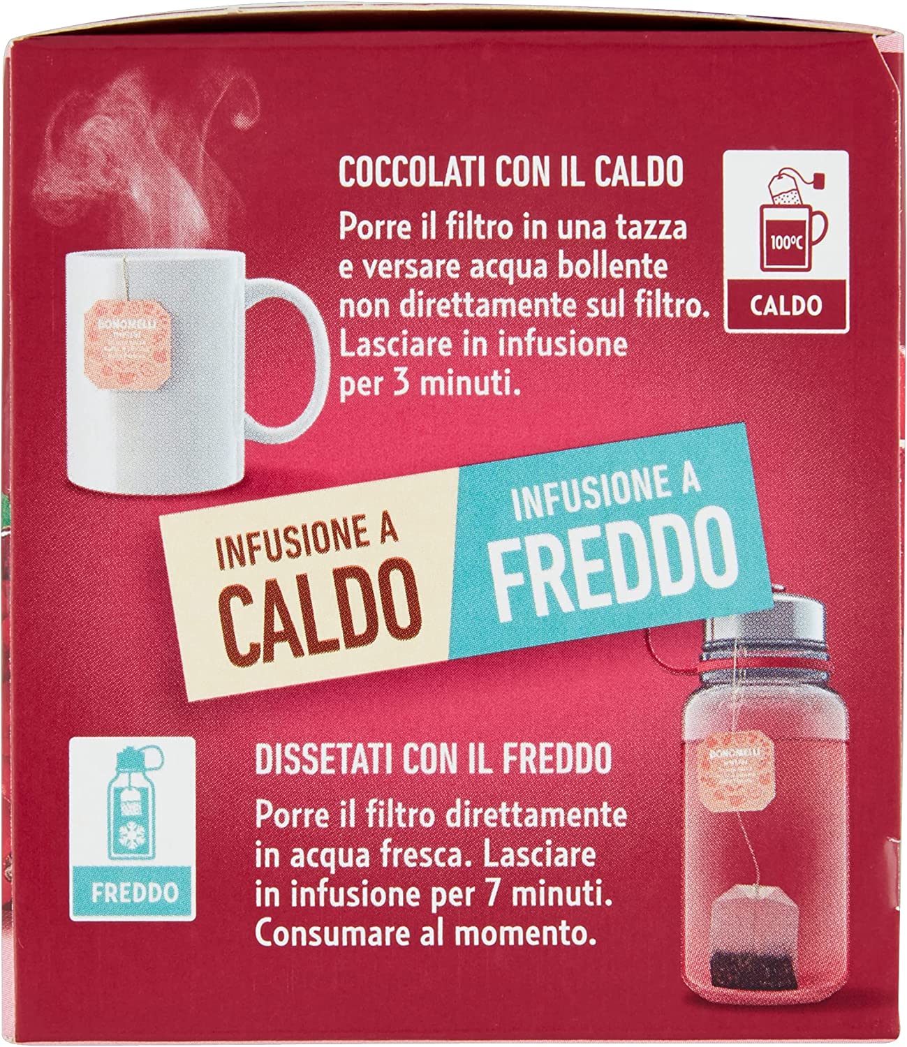 Bonomelli Infusi Fruttosi, Lampone e Ribes Rosso, Confezione da 12 filtri, Gusto Rinfrescante e Lievemente Acidulo, Infusione a Caldo e a Freddo, Ingredienti 100% Naturali