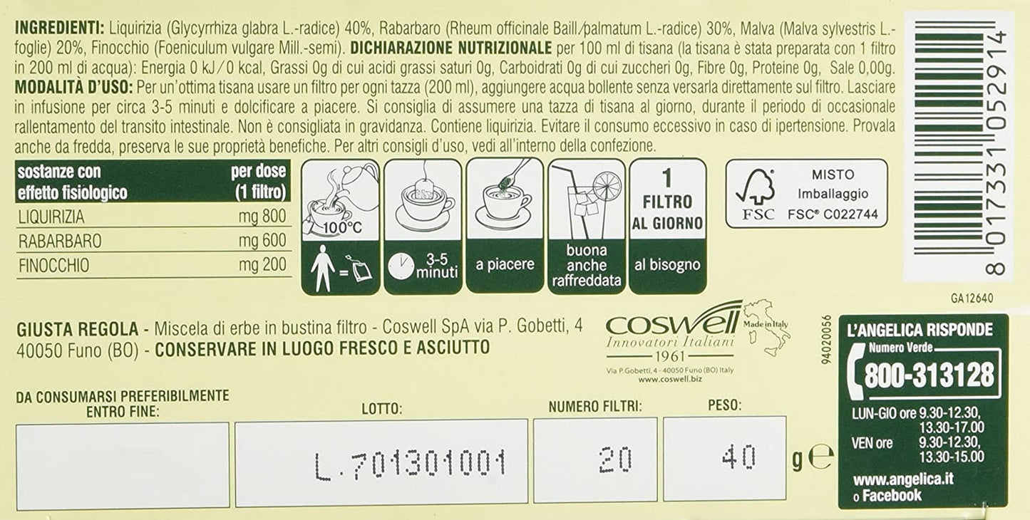 Tisana "Giusta Regola" alla Liquirizia - Malva - Rabarbaro, L'Angelica 20 filtri