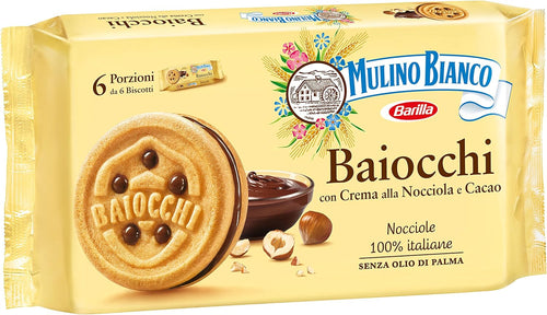 Mulino Bianco Biscotti Baiocchi con Crema alla Nocciola e Cacao per Colazione e Snack Dolce per la Merenda - 6 Porzioni da 6 Biscotti