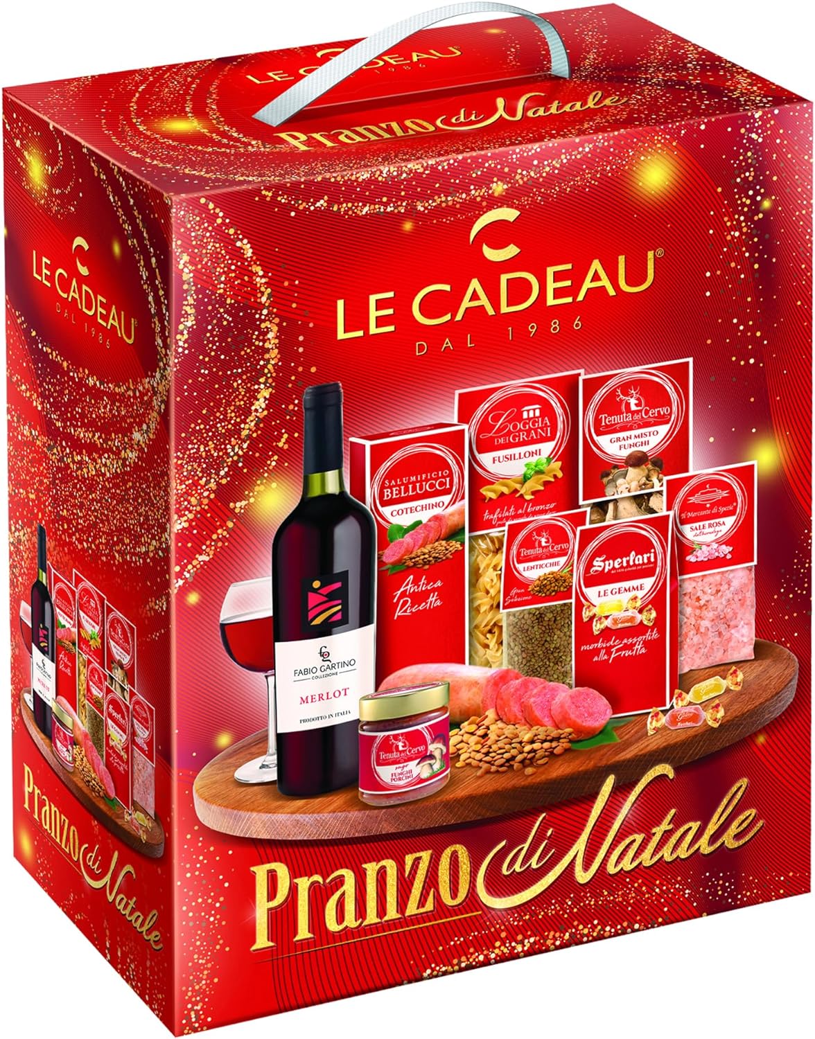 LE CADEAU | Confezione Regalo "Scatola Pranzo di Natale", Confezione Alimentare 8pz, Vino, Gelèes Alla Frutta, Cotechino, Lenticchie, Pasta, Sugo, Funghi e Sale dell'Himalaya, Idea Regalo Natale