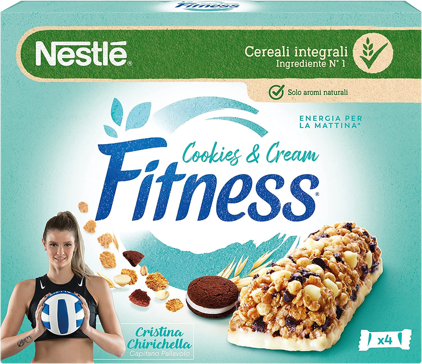 FITNESS COOKIES&CREAM Barretta di Cereali Integrali con Biscotti al Cacao e Cioccolato 4 Pezzi