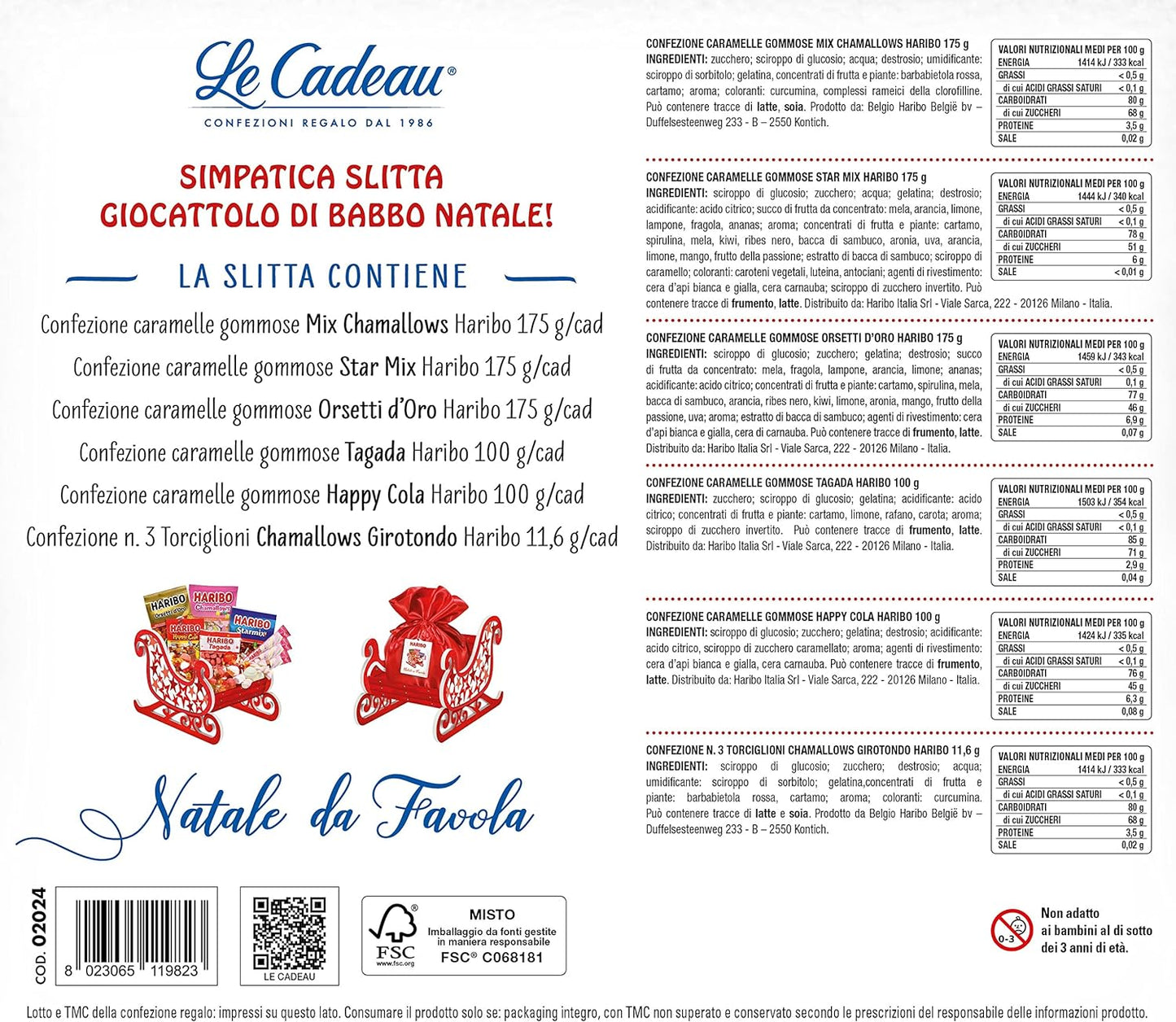 LE CADEAU | Confezione Regalo "Slitta Natale da Favola Haribo", Cesto Alimentare Natalizio Composto Da Caramelle Gommose Haribo, Orsetti, Happy Cola, Chamallows e Tante Altre, Idea Regalo Natale