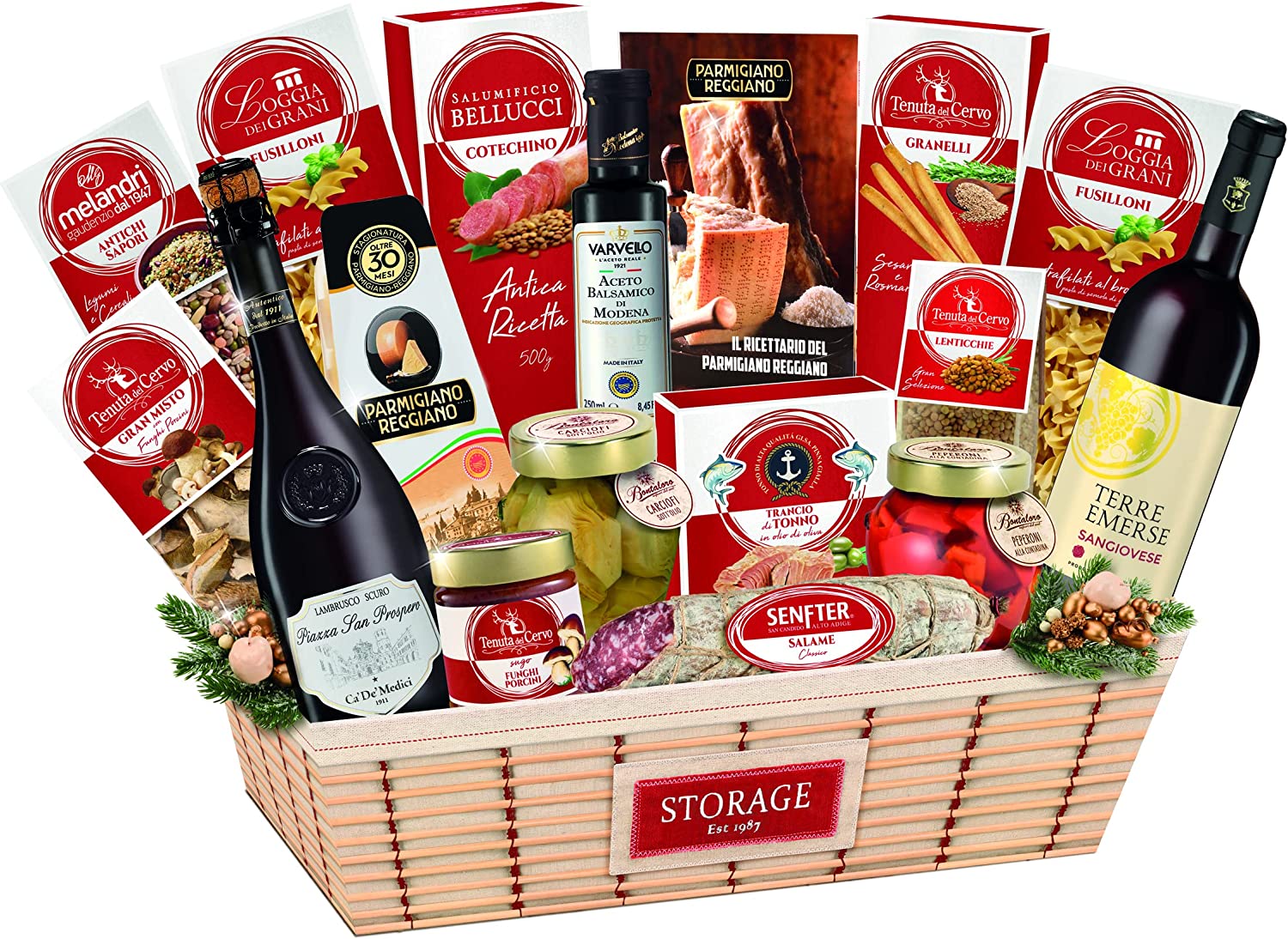 REGALI REGALI | Confezione Regalo "Cesto Gran Ducale", Cesto Alimentare Natalizio 17pz: Vassoio Composto da Vino, Parmigiano Reggiano, Pasta, Aceto Balsamico, Ricettario e Altro, Idea Regalo Natale