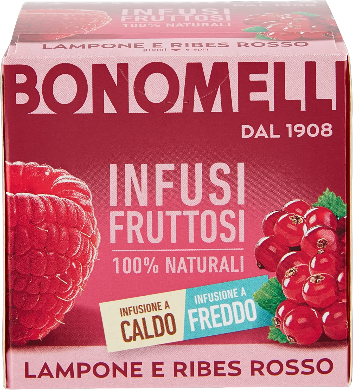 Bonomelli Infusi Fruttosi, Lampone e Ribes Rosso, Confezione da 12 filtri, Gusto Rinfrescante e Lievemente Acidulo, Infusione a Caldo e a Freddo, Ingredienti 100% Naturali