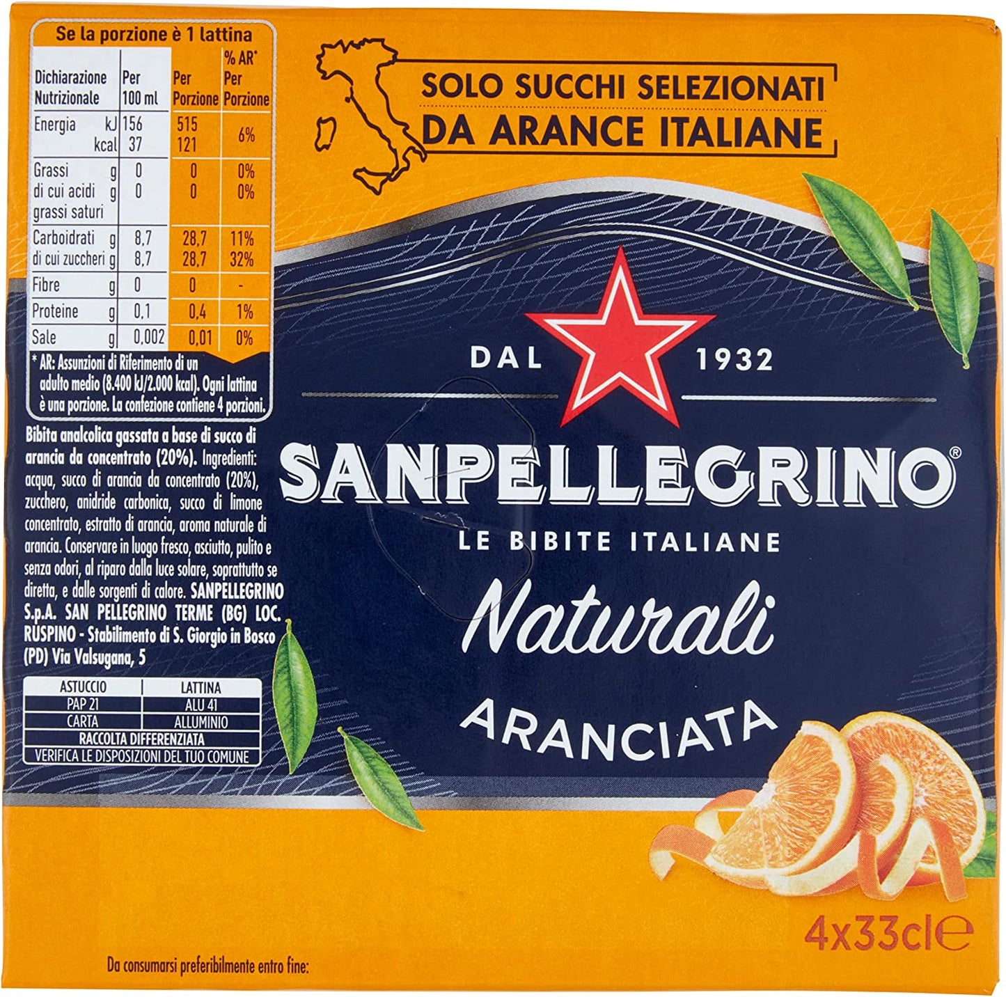 Bibite Sanpellegrino L'Aranciata lat. 4x33cl