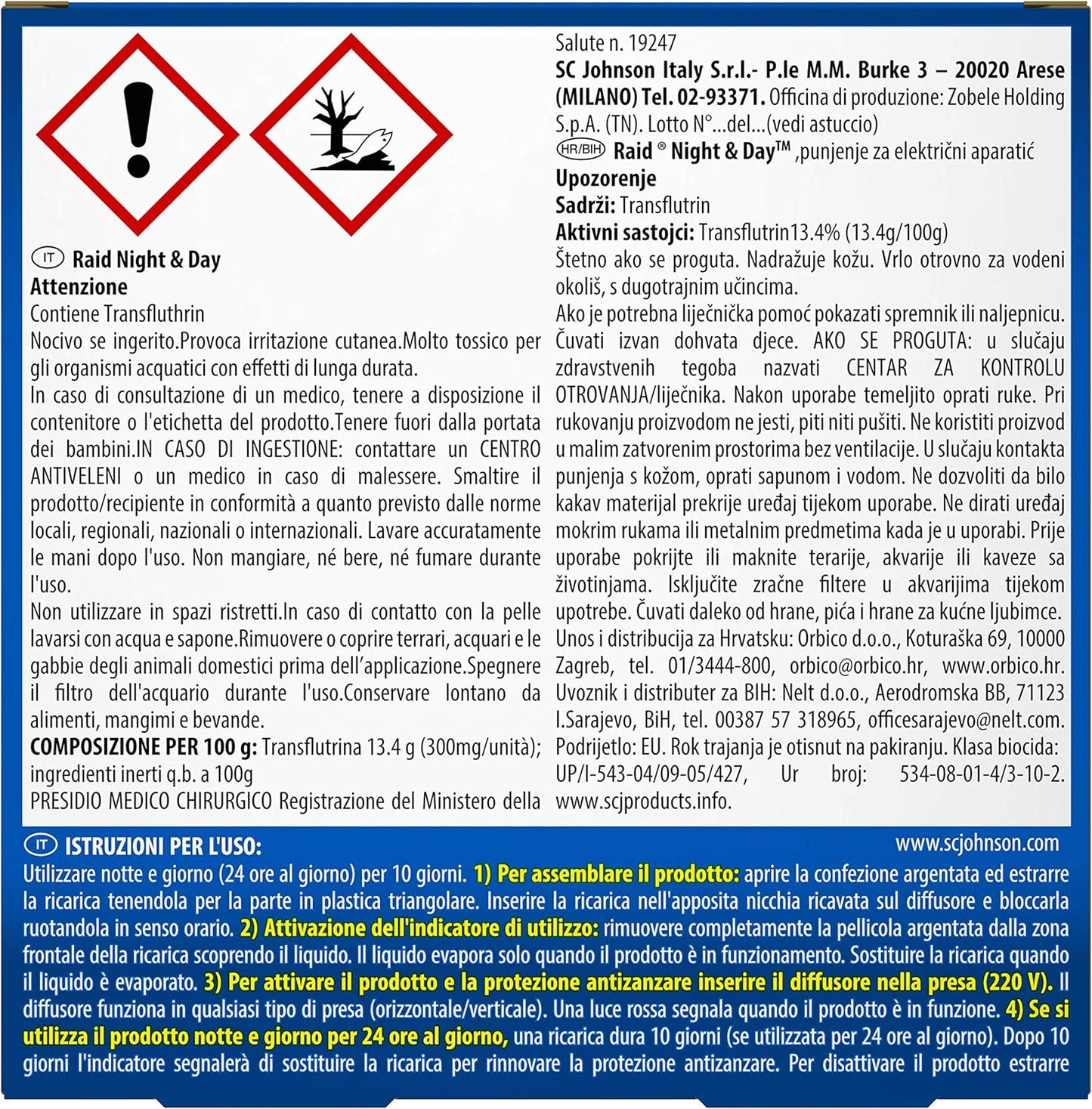 Raid Night & Day Ricarica, Efficace 24 Ore al Giorno per 10 Giorni, Antizanzare Elettrico, Multipacco da 4 Confezioni, 1 Ricarica per Ogni Confezione