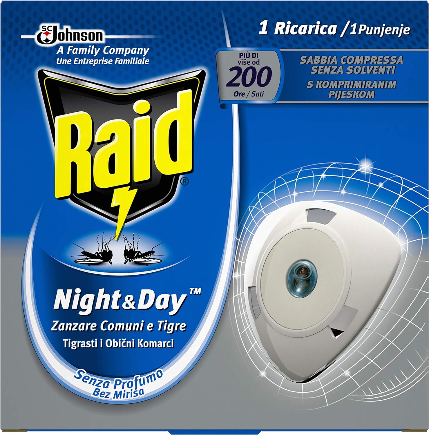 Raid Night & Day Ricarica, Efficace per 10 Giorni, Antizanzare Elettrico, Multipacco da 4 Confezioni, 1 Ricarica per Ogni Confezione