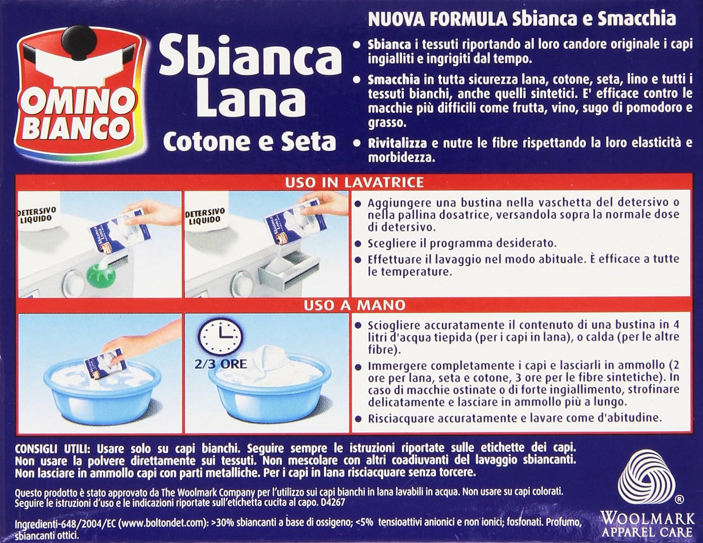 Omino Bianco - Sbianca Lana, in Polvere, per Capi Bianchi con Formula Sbianca e Smacchia, in Polvere 5 Buste x 100g, 1 Confezione