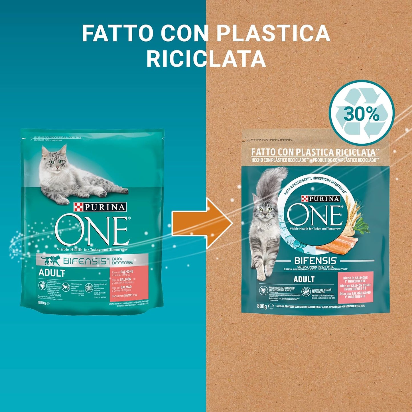 PURINA ONE Bifensis Crocchette Gatto Adult Ricco in Salmone e Cereali Integrali - 8 sacchi da 800g ciascuno