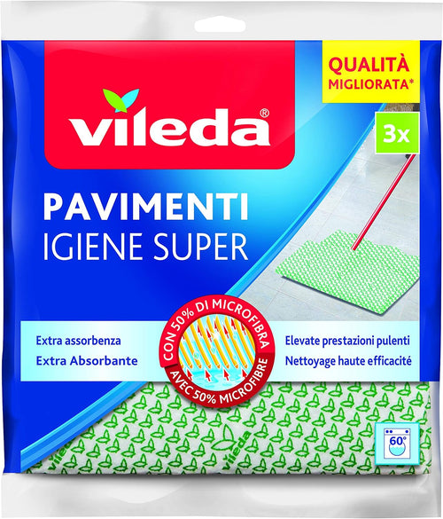 Vileda 141313 Igiene Super Panno Pavimenti, 30% Microfibra, Altro, Multicolore, 29x25x2.5 cm, 5 unità