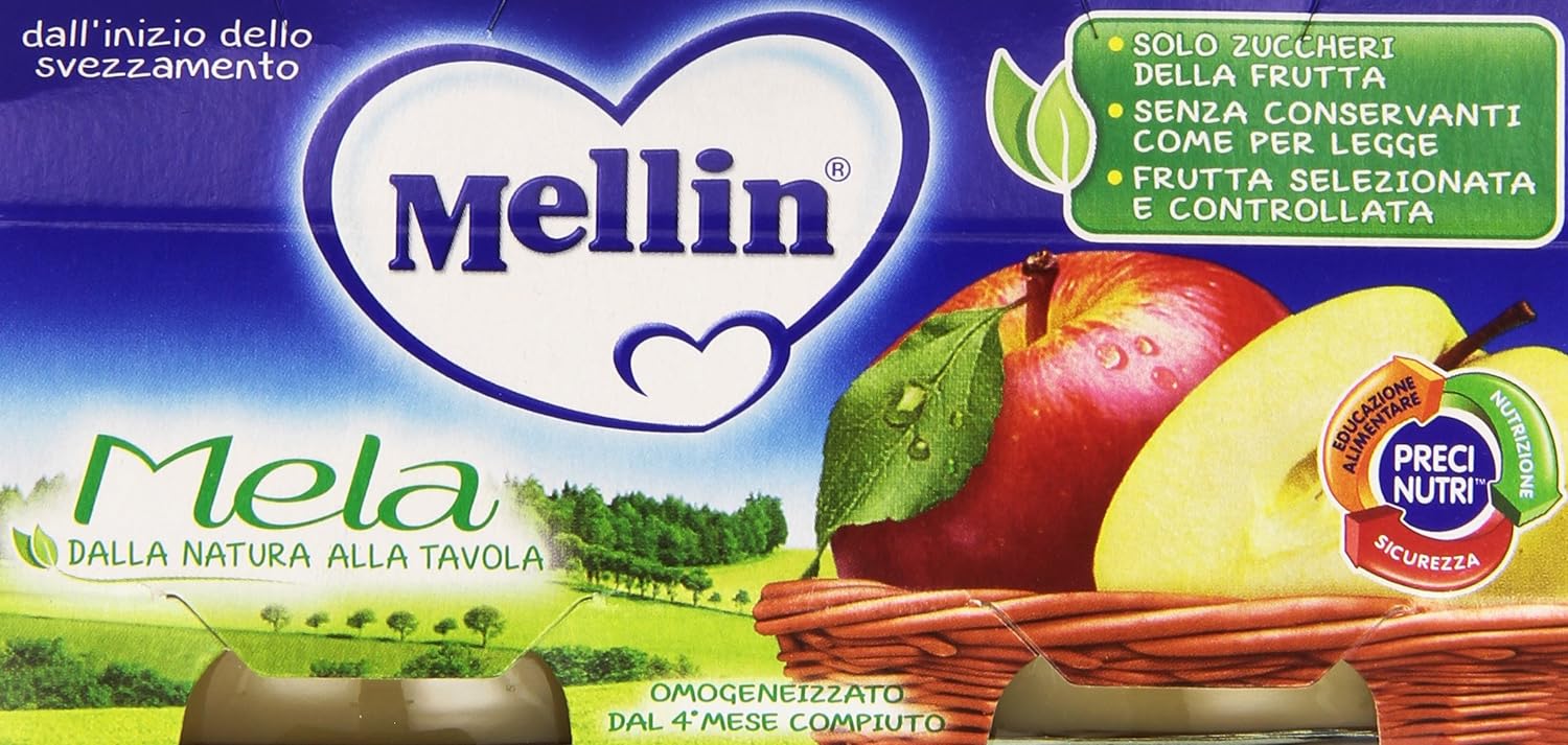 Mellin - Omogeneizzato, Mela - 12 confezioni da 2 pezzi da 100 g [24 pezzi, 2400 g]