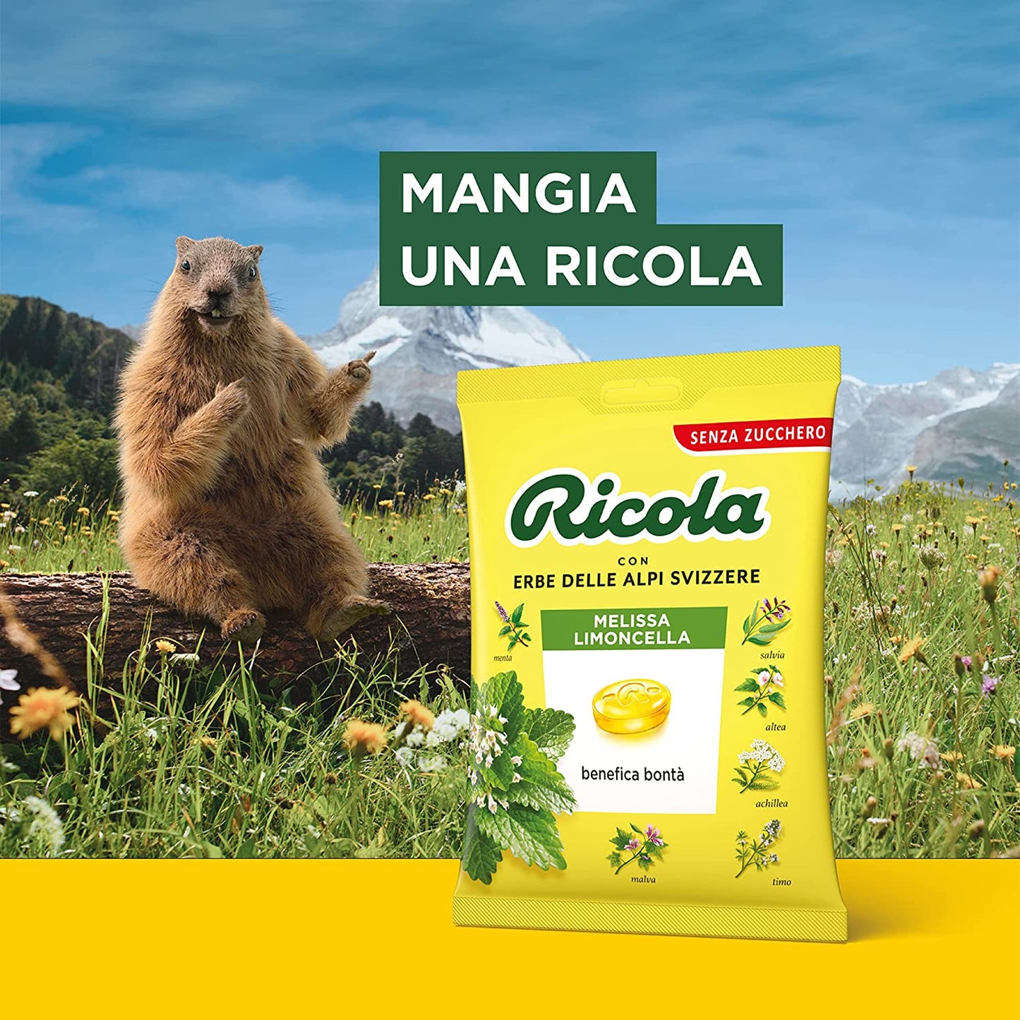 Ricola - Box da 12 Buste di Caramelle Svizzere alle Erbe Ricola Gusto Melissa Limoncella da 70 g, Senza Zucchero con Estratto di Stevia, Senza Glutine e Senza Lattosio