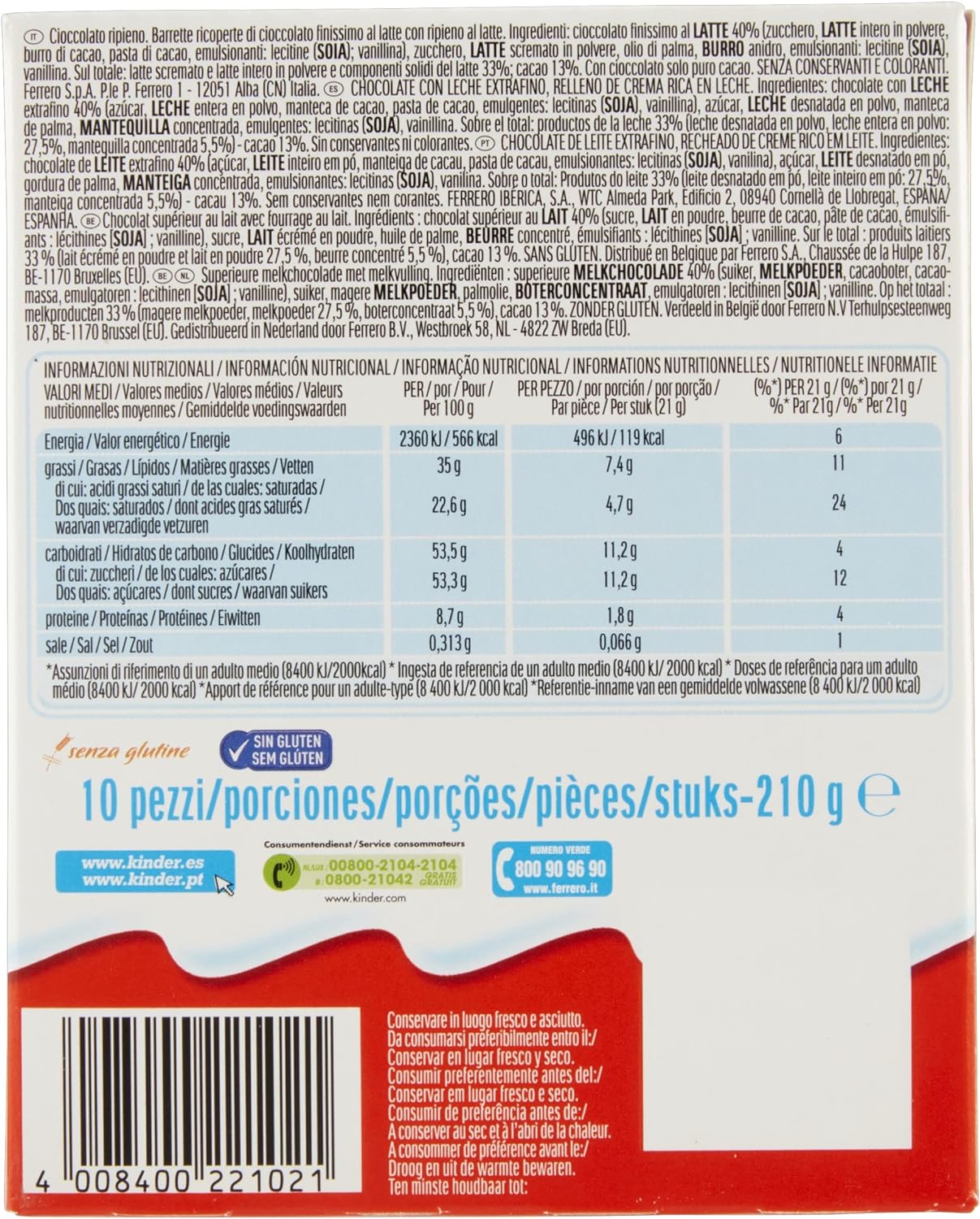 Kinder Maxi, Cioccolato al Latte, 10 Barrette da 21 Gr