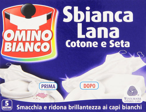 Omino Bianco - Sbianca Lana, in Polvere, per Capi Bianchi con Formula Sbianca e Smacchia, in Polvere 5 Buste x 100g, 1 Confezione