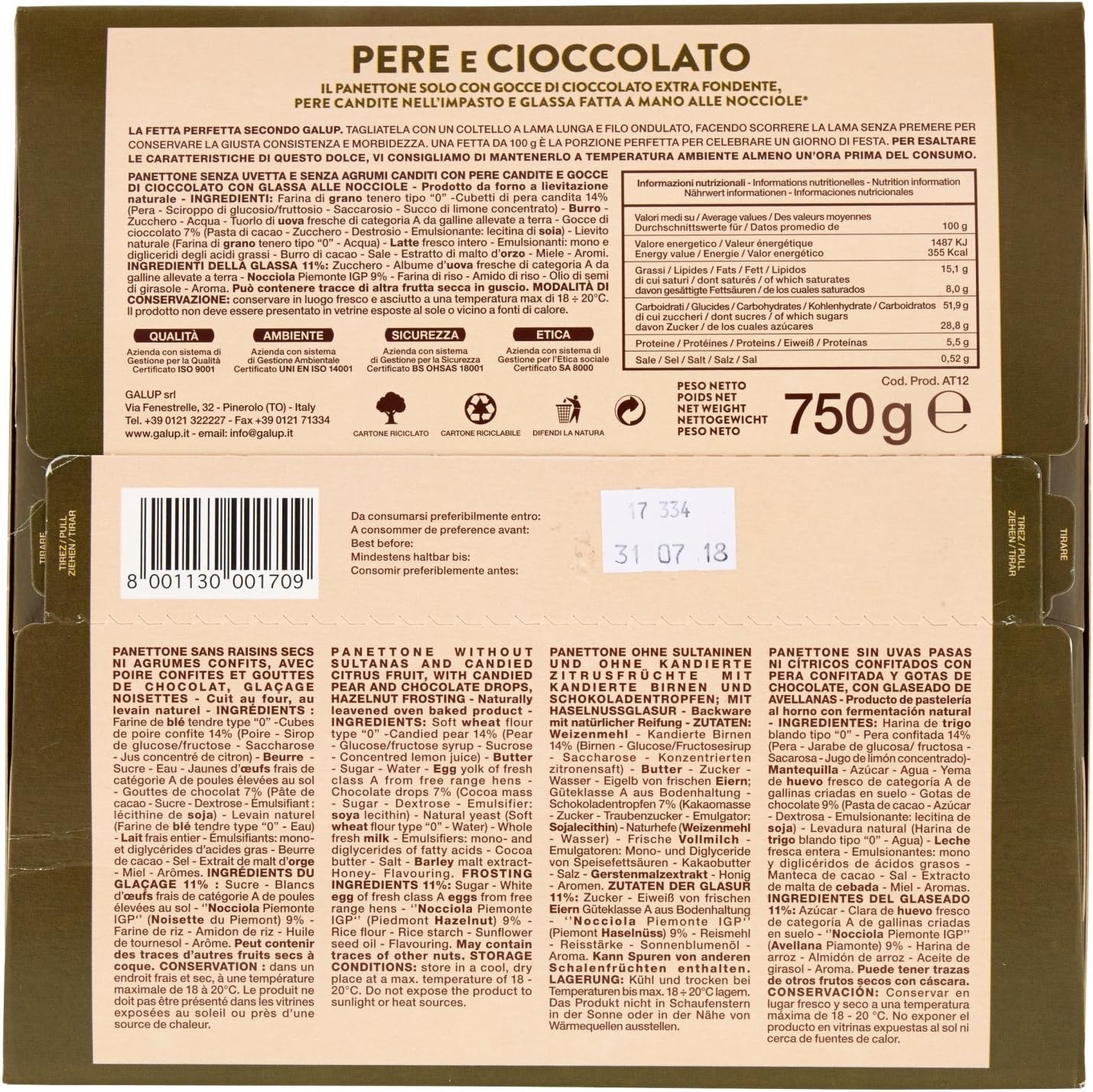 Galup NV16 Panettone Pere e Cioccolato, 750 Gr